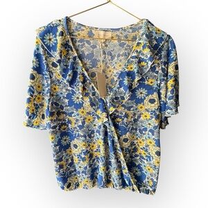 NWT MELLODAY Floral Wrap Blouse in Blue and Yellow